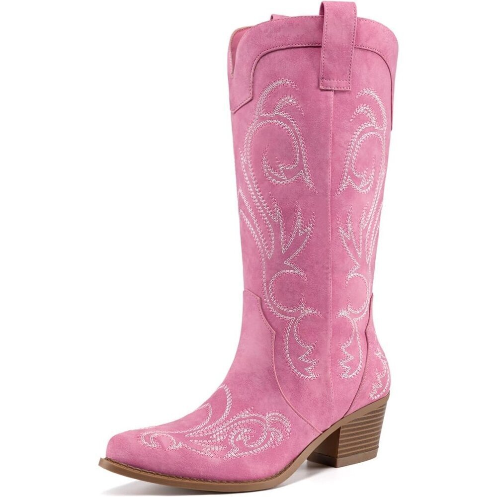 Women's Pink Embroidered Western Cowgirl Pointed Toe Chunky Heel Mid Calf Boots